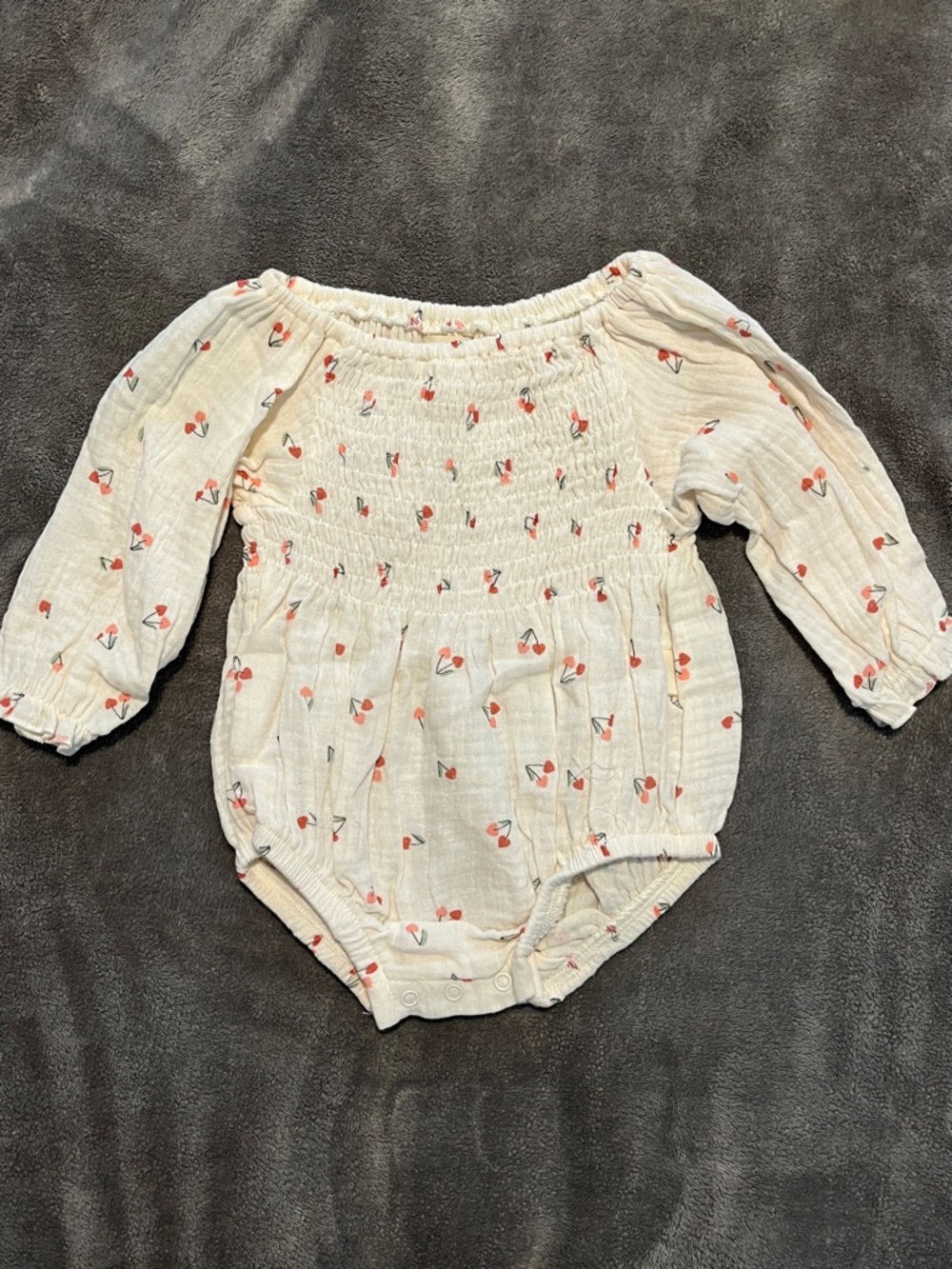 Cream Cherry Print Long-Sleeve Baby One-Piece Bodysuit